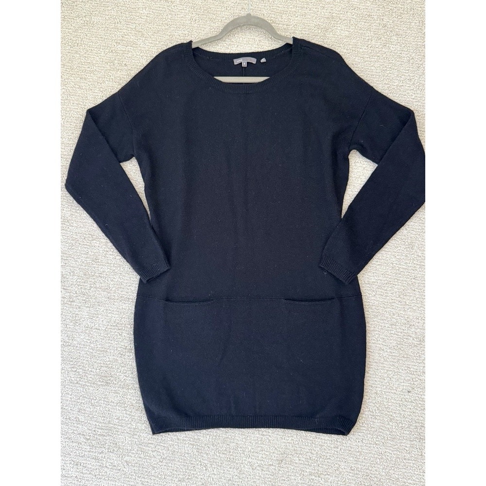 Vince Womens Wool Knit Round Neck Long Sleeve Mini Sweater Dress Black Size S